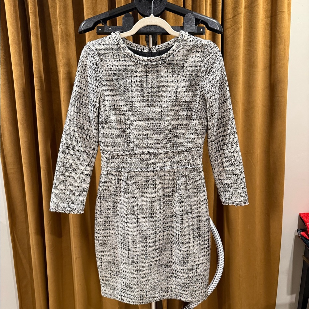 J. Crew Black and White lined Tweed Long Sleeve Dress